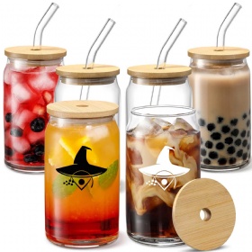 16oz Drinking Glasses with Bamboo Lid and Glass Straw